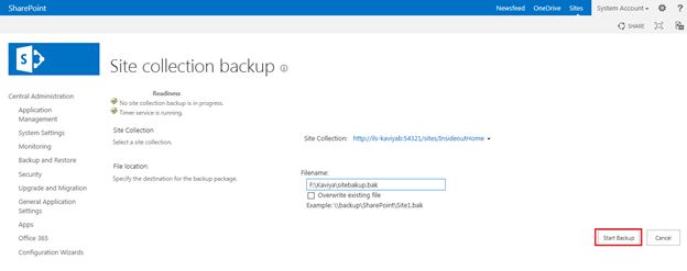 start backup option in sharepoint
